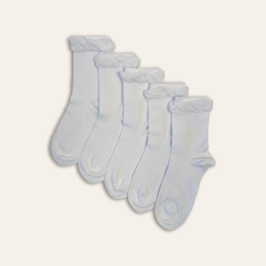 5pk Kids Cotton Frilly Ankle Socks - White